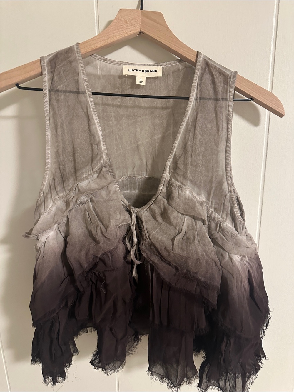 Lucky Brand Gray to Black Ombre Ruffle Tie-Front Vest
